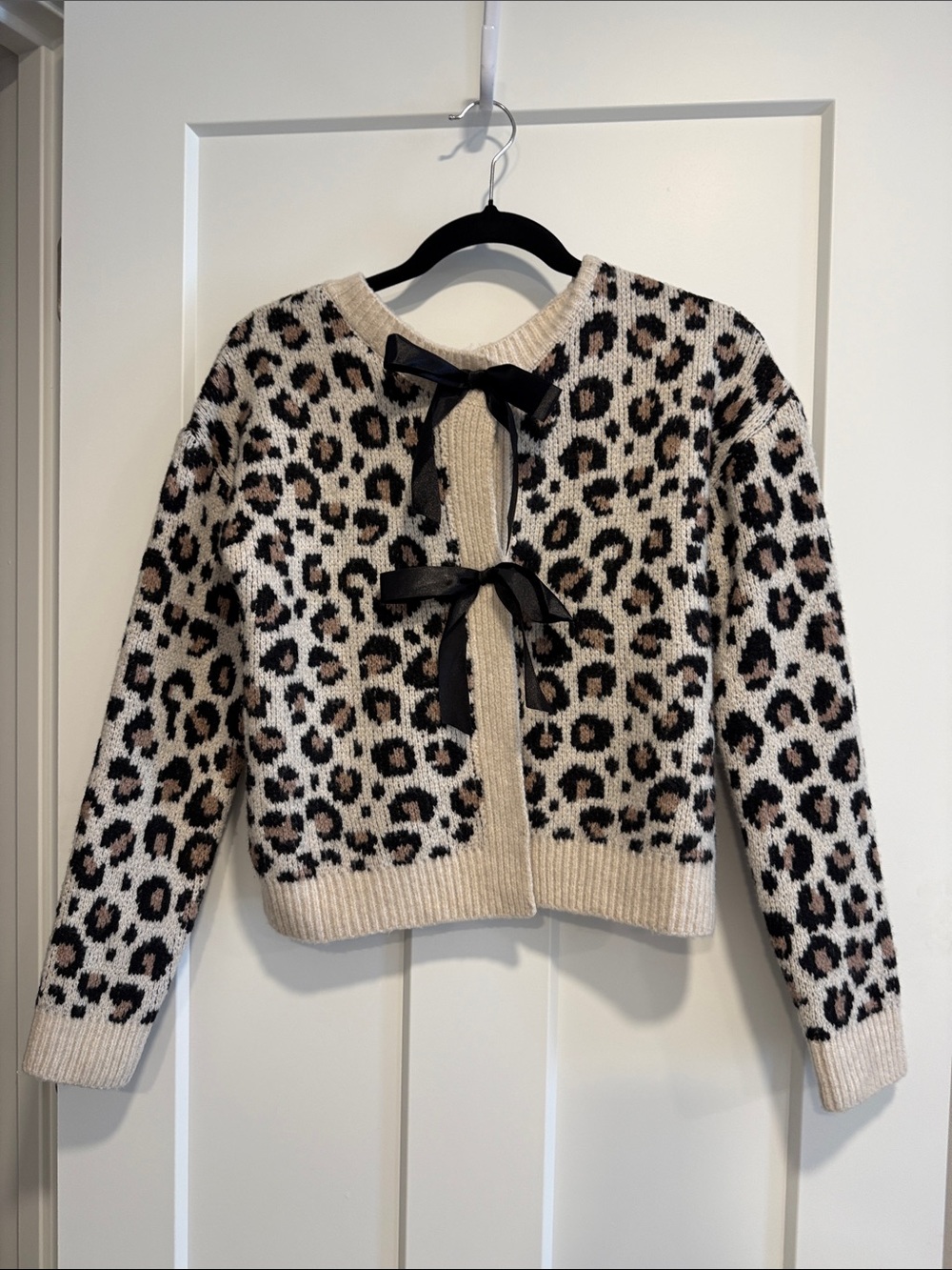 Leopard Tie-Front Cardigan Sweater - Cream/Tan/Black